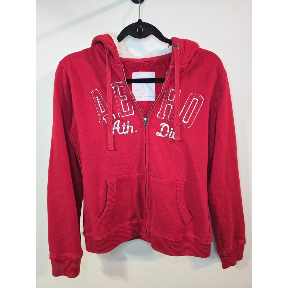 2010s Aeropostale Womens L Full Zip Hoodie Graphic Red Sherpa Lined Y2K Style
